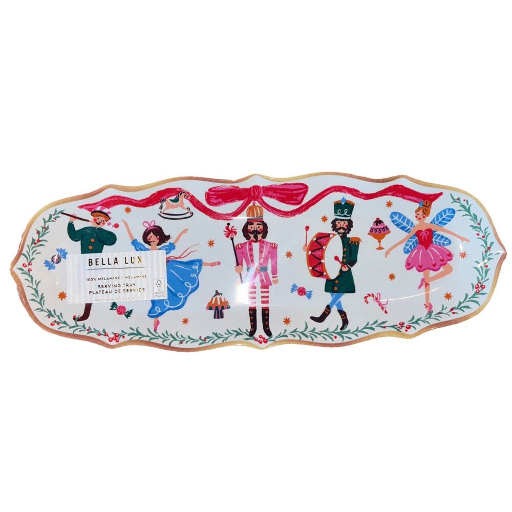 Bella Lux Nutcracker Christmas Bow Melamine Serving Tray Platter 14x5" NEW